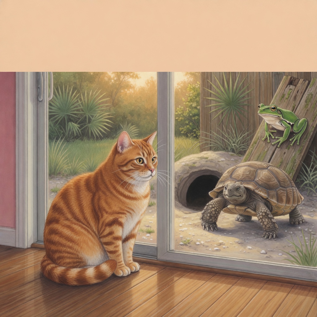 Cover art for Sir Charles the Mackerel Tabby: an orange tabby watches a tortoise and a green frog through a glass door.