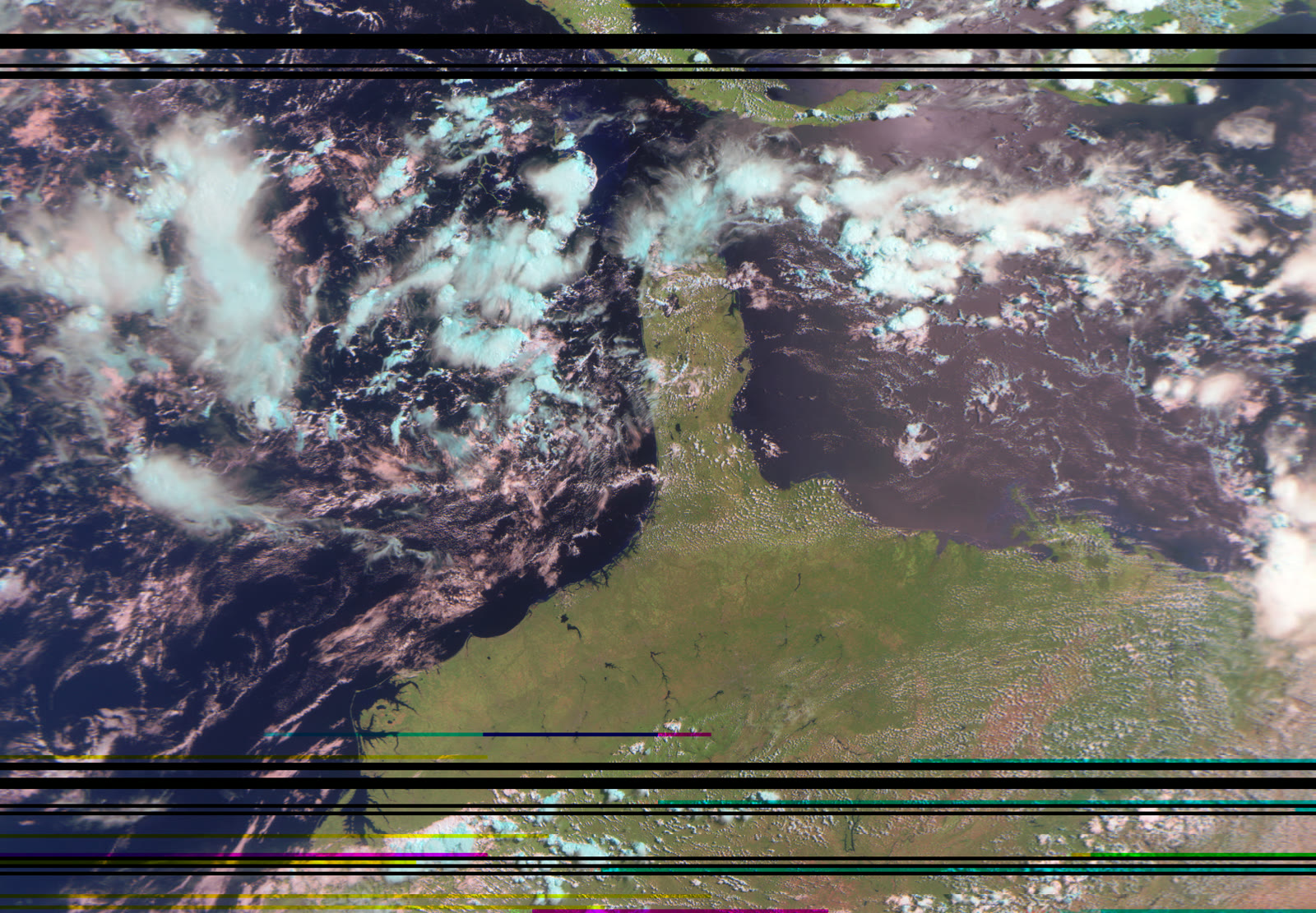 False-color Earth image from METEOR-M2-4: South America, ocean, and clouds, with missing-data lines.
