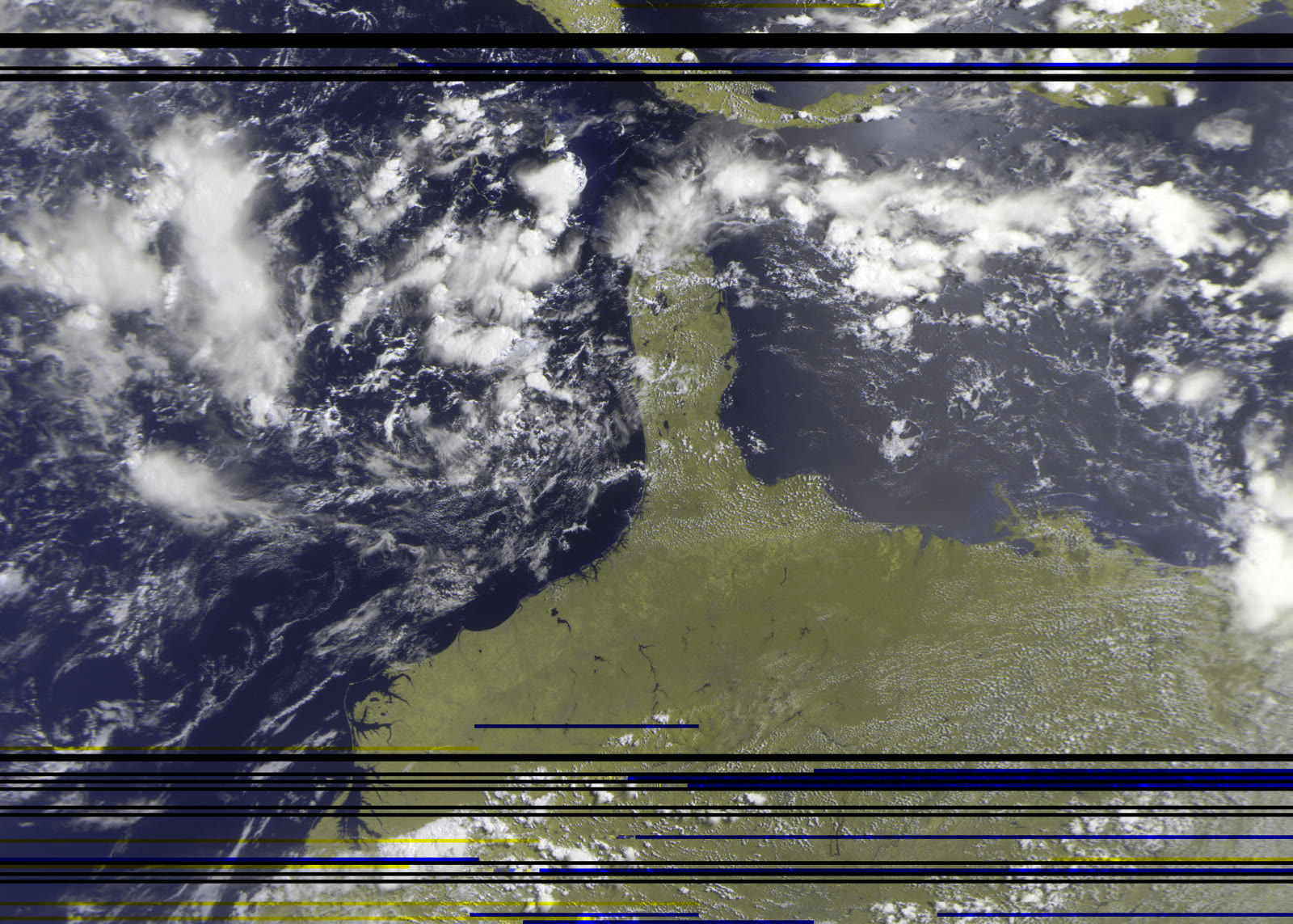 False-color Earth image from METEOR-M2-4. RGB is channels 2, 2, and 1. Land, ocean, and clouds.