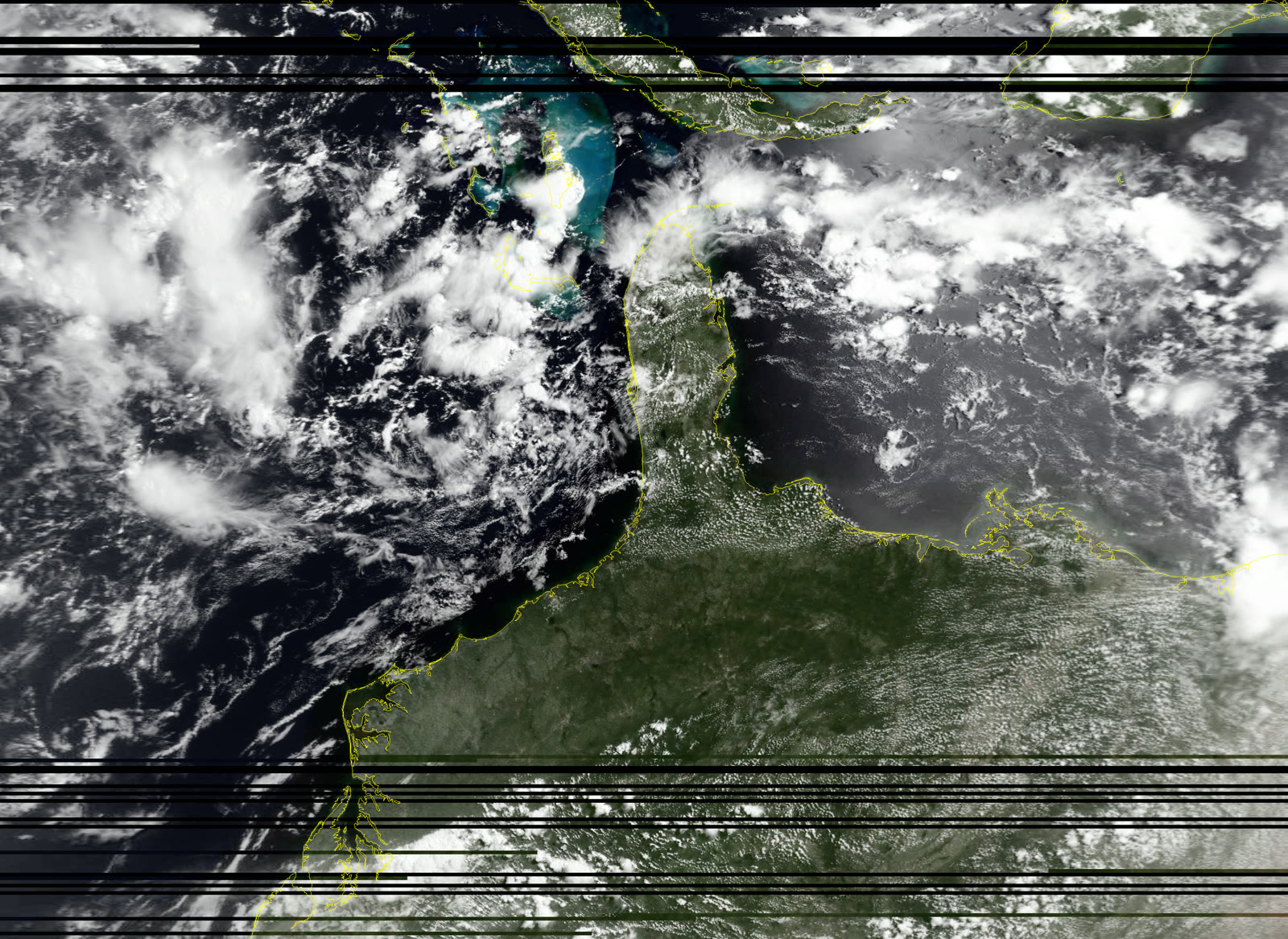 Cloud data from METEOR-M2-4 over a reference map of South America, with yellow coast lines.