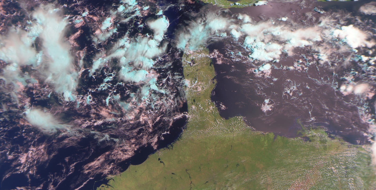 Crop of the three-channel false-color scan: land, ocean, and clouds over South America.