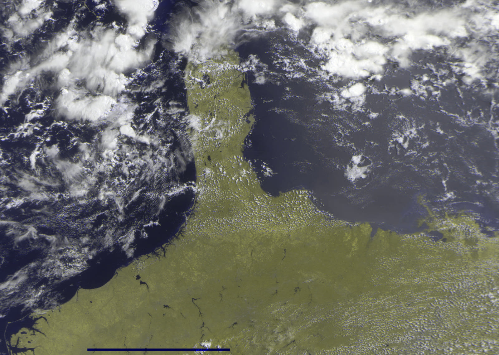 Crop where ocean meets land in two-channel false color.