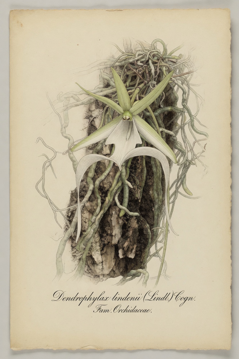 Scientific botanical plate of Dendrophylax lindenii, the ghost orchid. A white flower with long twisting lip lobes and leafless gray-green roots on bark. Caption: Dendrophylax lindenii (Lindl.) Cogn. Fam. Orchidaceae.